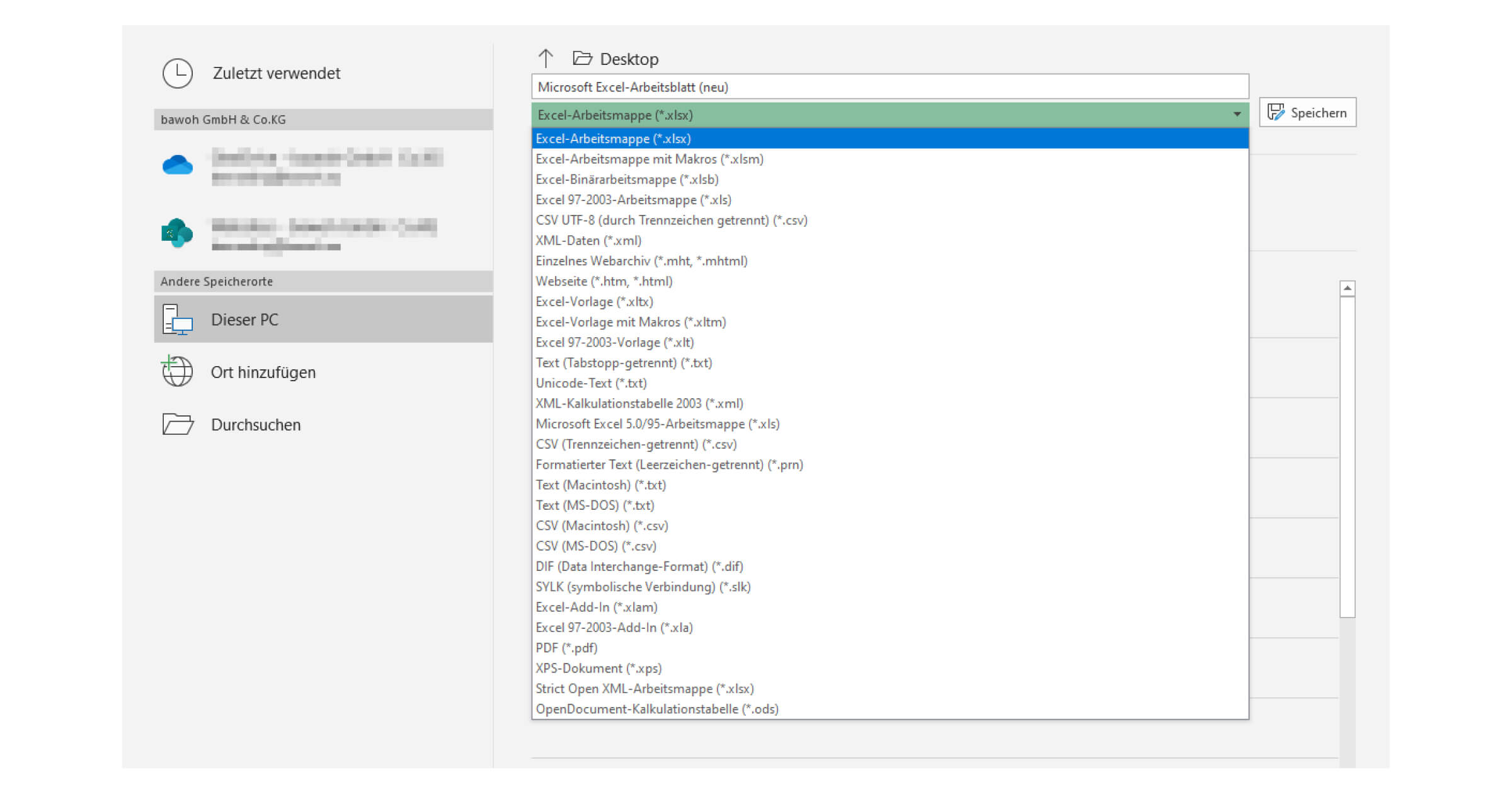 Eine XLSX Datei öffnen und speichern in Office 365