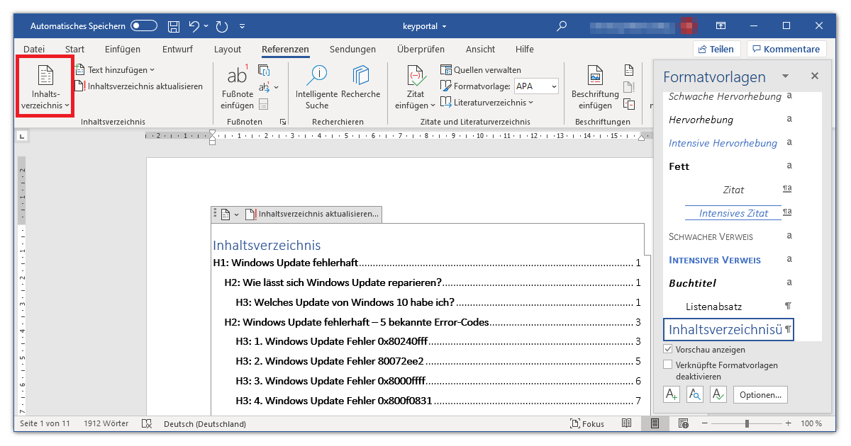 Automatisches Inhaltsverzeichnis Word Layouts