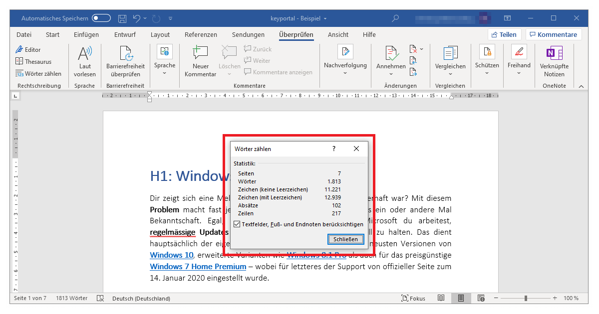 Beispielhafte Statistik für den Wörter Zähler von Word 