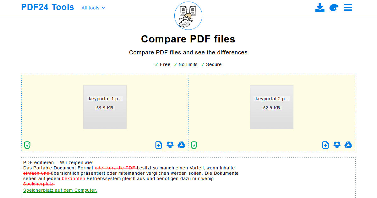 Mit PDF24 siehst du sofort alle Differenzen der Texte im Vergleich