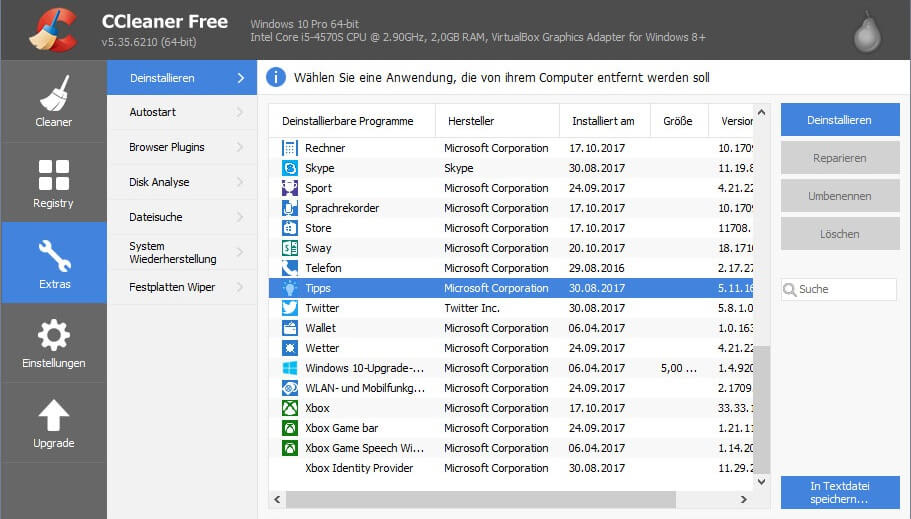 Mit dem CCleaner vorinstallierte Apps löschen