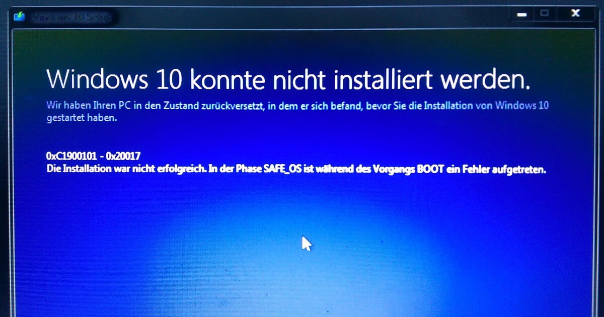 Windows 10 konnte nicht installiert werden, Fehler 0xC1900101 - 0x20017