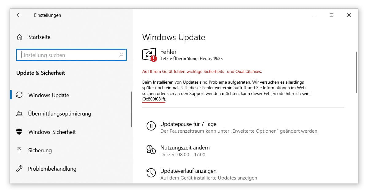 Fehler 0x800f081f lässt wichtige Sicherheits- und Qualitätsfixes vermissen